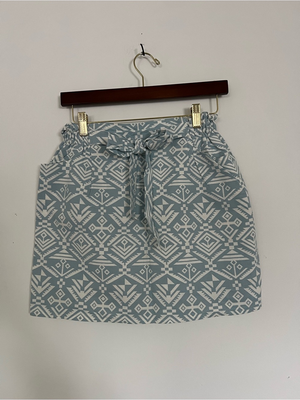 Printed Cotton Tie-Waist Mini Skirt - Light Blue/White
